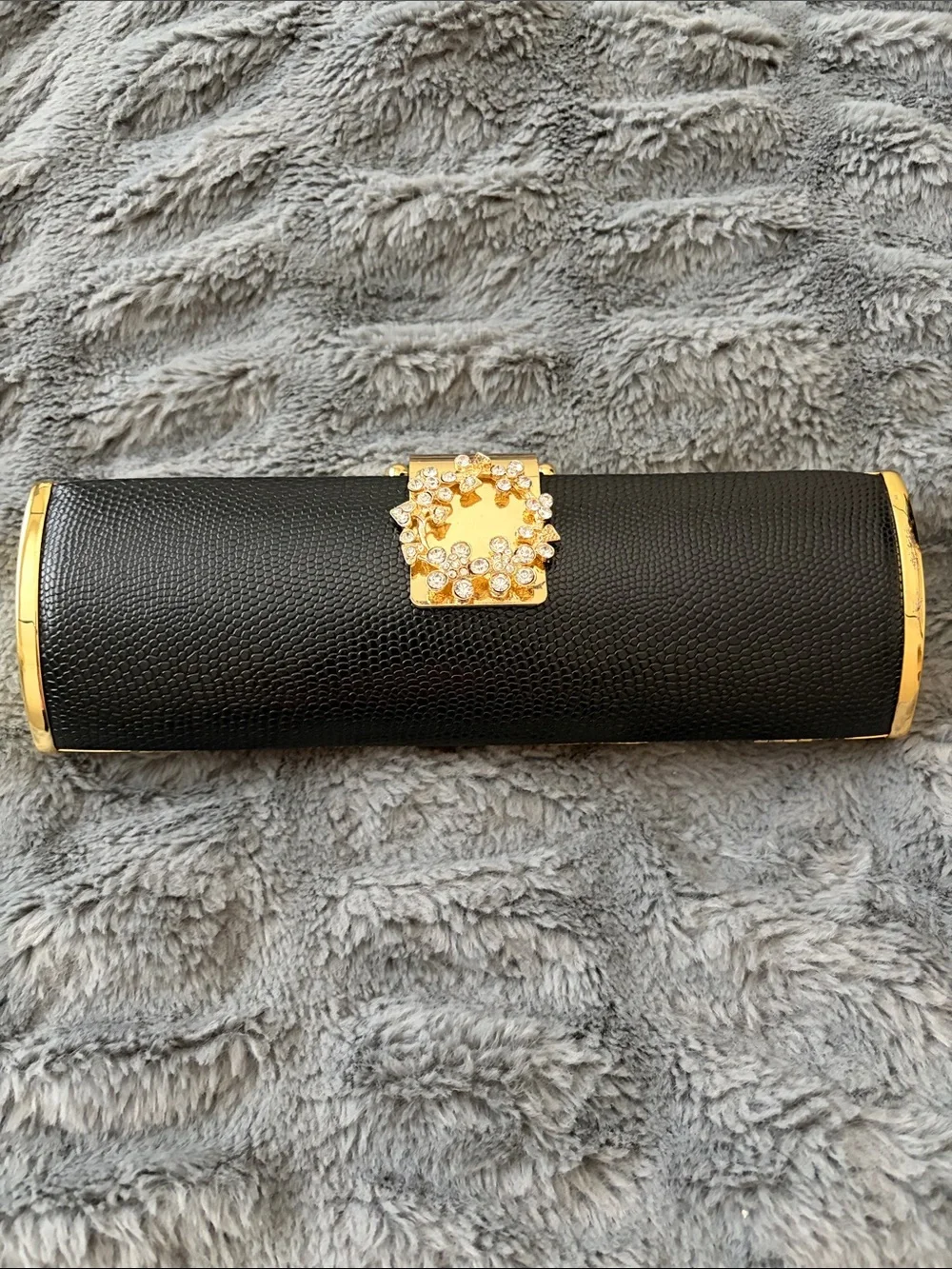 Black Leatherette Crystal-Embellished Evening Clutch